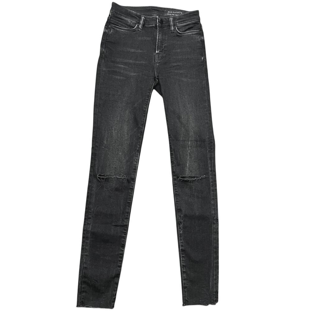 AllSaints Womens Grace Slashed Black Skinny Mid Rise Distressed Denim Jeans 25